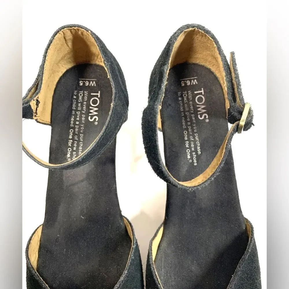 Toms Black Suede Leather Cork Wedge Open Toe Platform Sandals Women Size 6.5